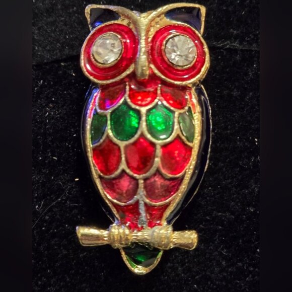 Enamel on Brass Owl Shaped Brooch Pin with Rhinestone Red Eyes L6 - Picture 3 of 3